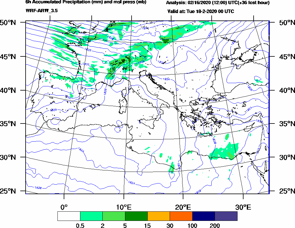 6h Accumulated Precipitation (mm) and msl press (mb) - 2020-02-17 18:00