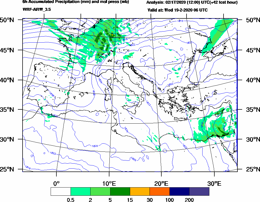 6h Accumulated Precipitation (mm) and msl press (mb) - 2020-02-19 00:00