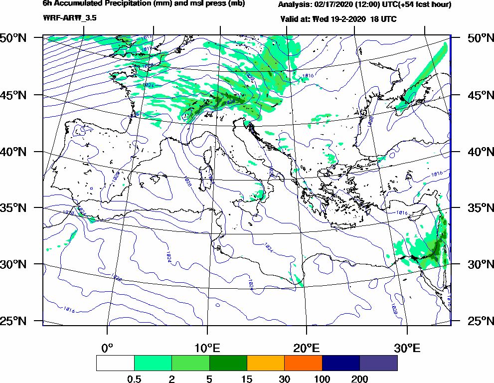 6h Accumulated Precipitation (mm) and msl press (mb) - 2020-02-19 12:00