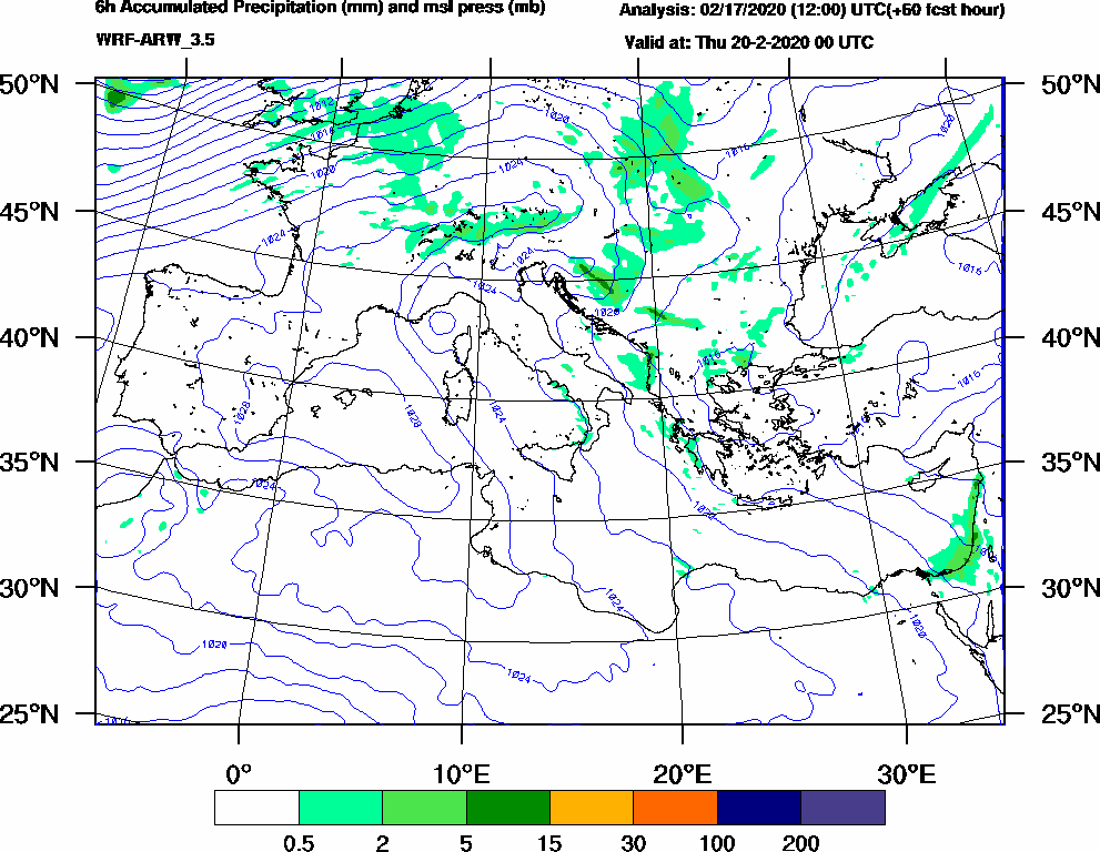 6h Accumulated Precipitation (mm) and msl press (mb) - 2020-02-19 18:00