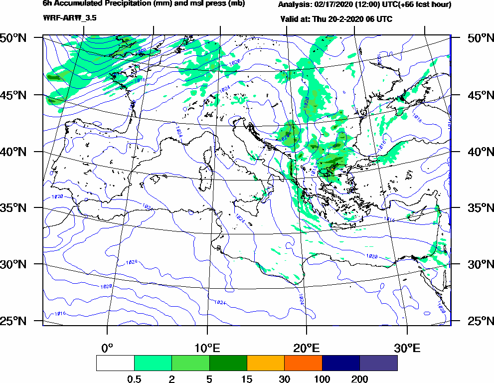 6h Accumulated Precipitation (mm) and msl press (mb) - 2020-02-20 00:00