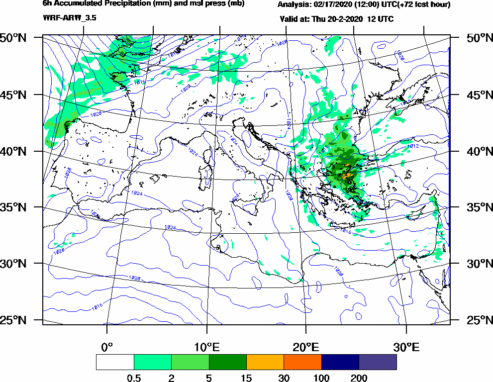 6h Accumulated Precipitation (mm) and msl press (mb) - 2020-02-20 06:00