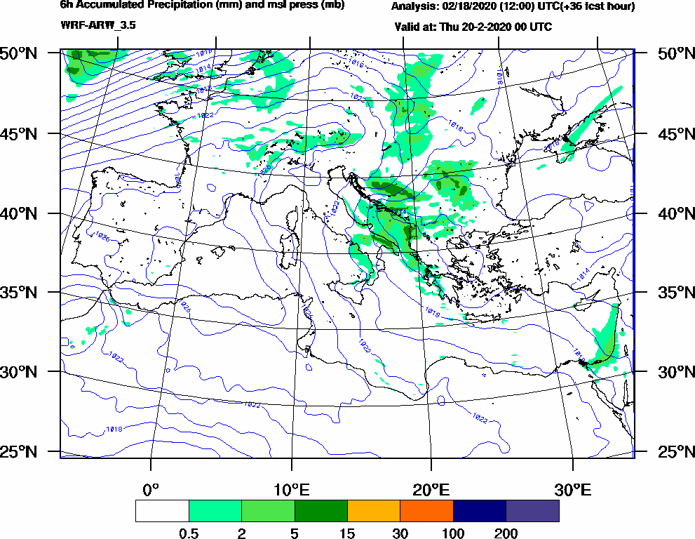 6h Accumulated Precipitation (mm) and msl press (mb) - 2020-02-19 18:00