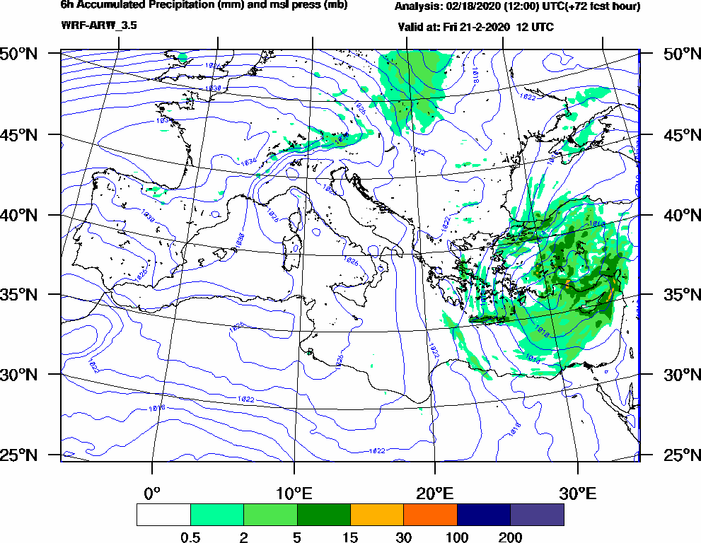 6h Accumulated Precipitation (mm) and msl press (mb) - 2020-02-21 06:00