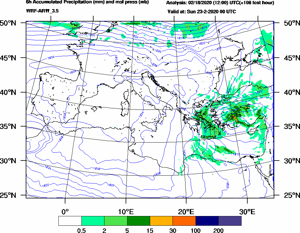 6h Accumulated Precipitation (mm) and msl press (mb) - 2020-02-22 18:00