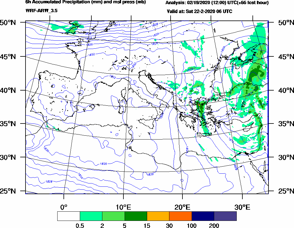 6h Accumulated Precipitation (mm) and msl press (mb) - 2020-02-22 00:00