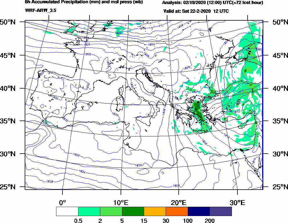 6h Accumulated Precipitation (mm) and msl press (mb) - 2020-02-22 06:00