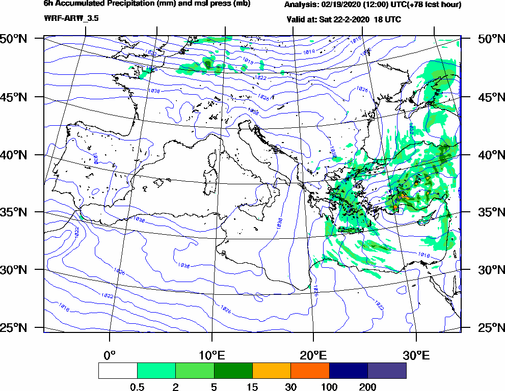 6h Accumulated Precipitation (mm) and msl press (mb) - 2020-02-22 12:00
