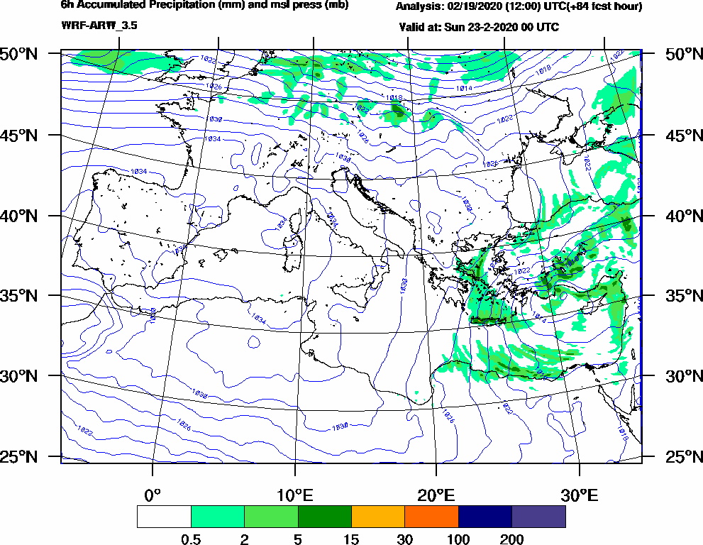 6h Accumulated Precipitation (mm) and msl press (mb) - 2020-02-22 18:00