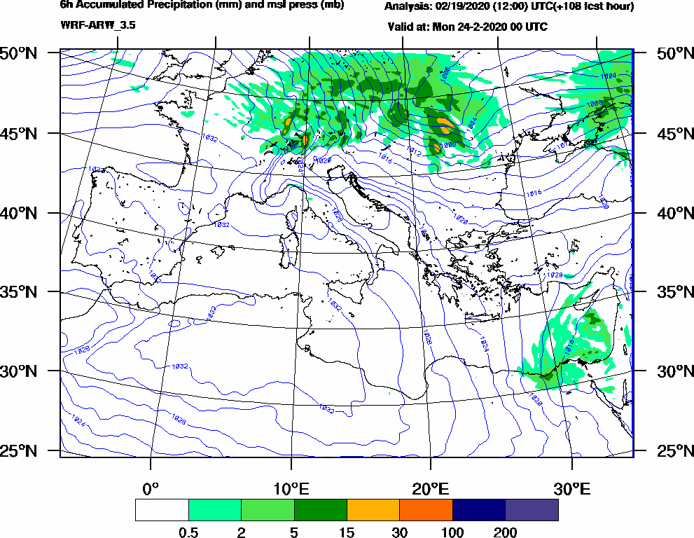 6h Accumulated Precipitation (mm) and msl press (mb) - 2020-02-23 18:00