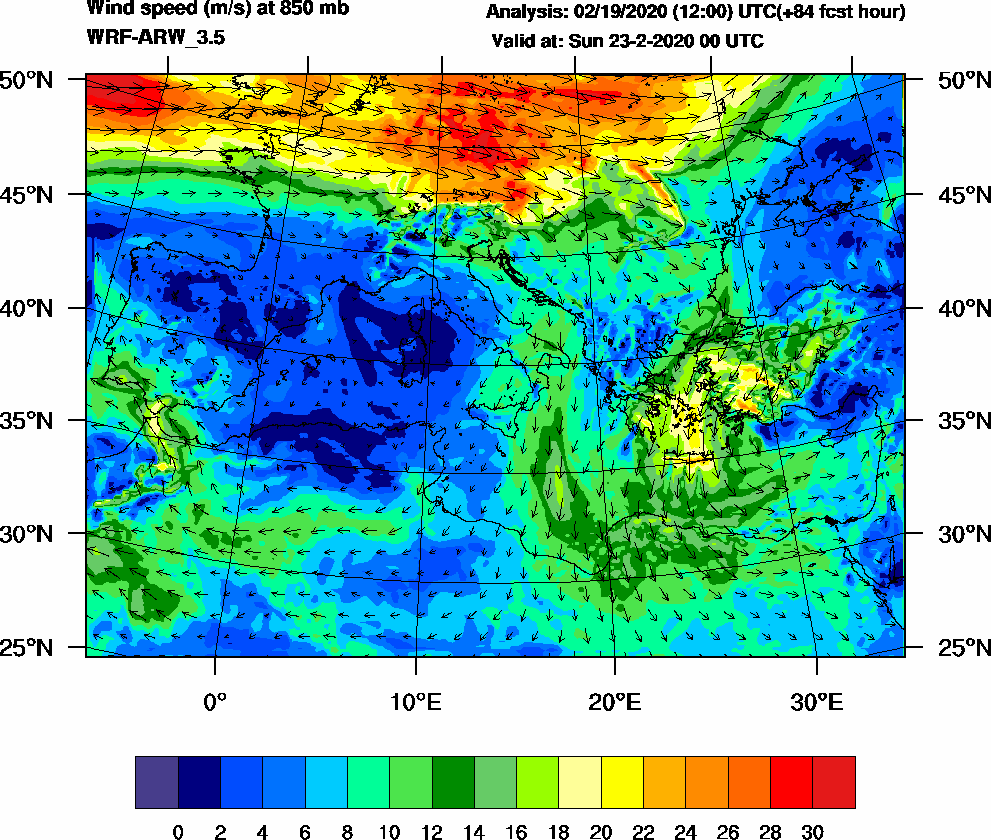 Wind speed (m/s) at 850 mb - 2020-02-23 00:00