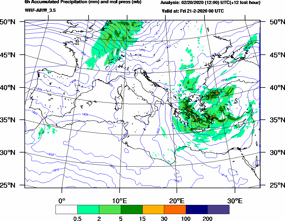 6h Accumulated Precipitation (mm) and msl press (mb) - 2020-02-20 18:00