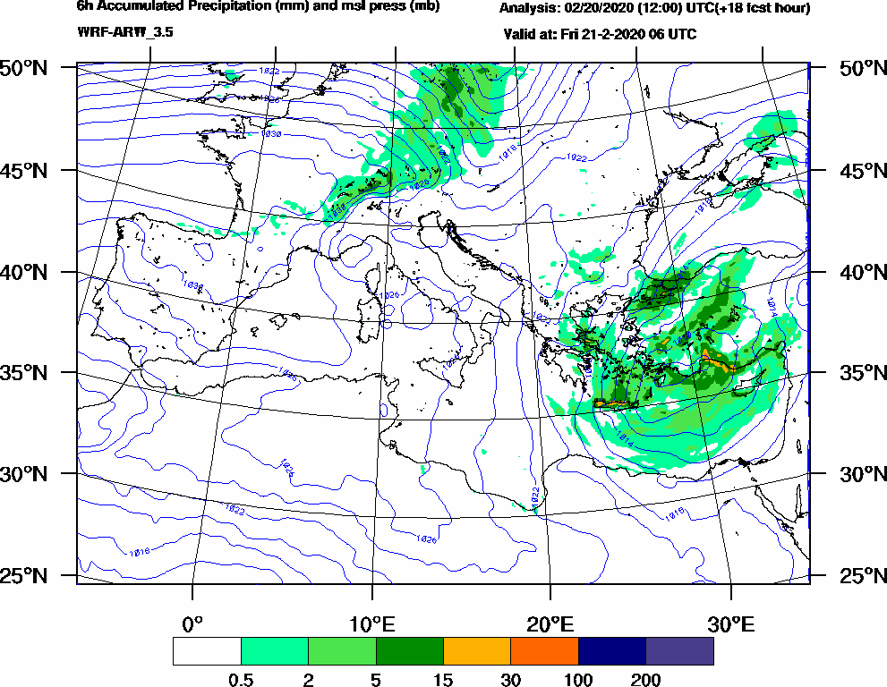 6h Accumulated Precipitation (mm) and msl press (mb) - 2020-02-21 00:00