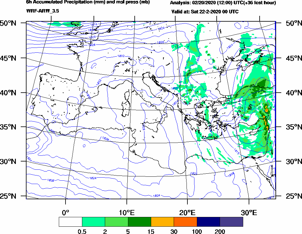 6h Accumulated Precipitation (mm) and msl press (mb) - 2020-02-21 18:00