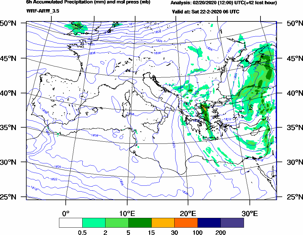 6h Accumulated Precipitation (mm) and msl press (mb) - 2020-02-22 00:00