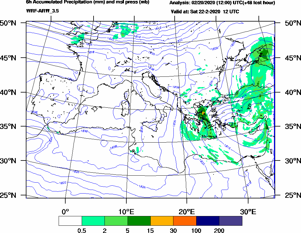 6h Accumulated Precipitation (mm) and msl press (mb) - 2020-02-22 06:00