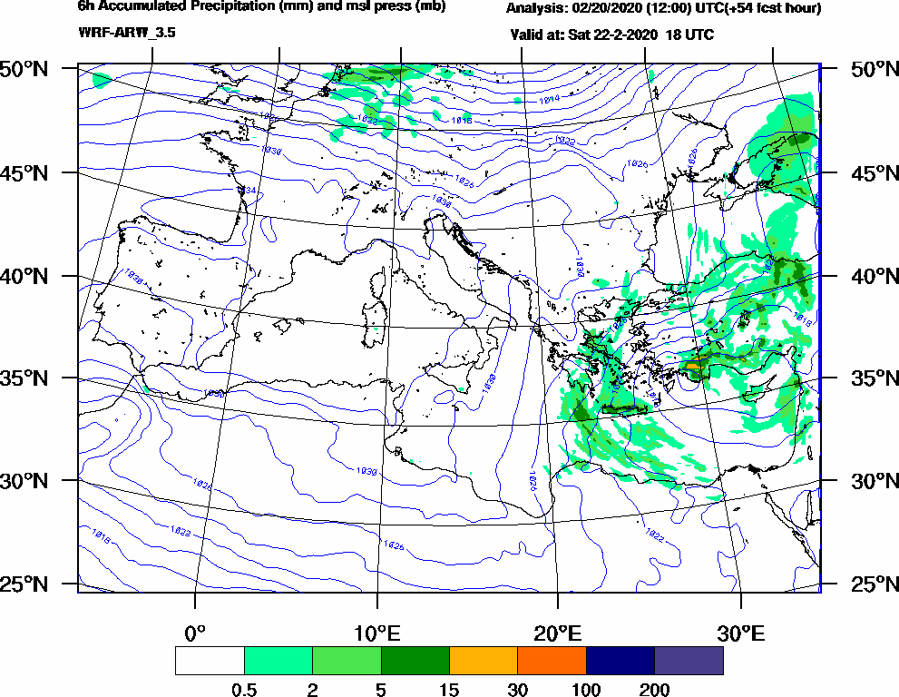 6h Accumulated Precipitation (mm) and msl press (mb) - 2020-02-22 12:00