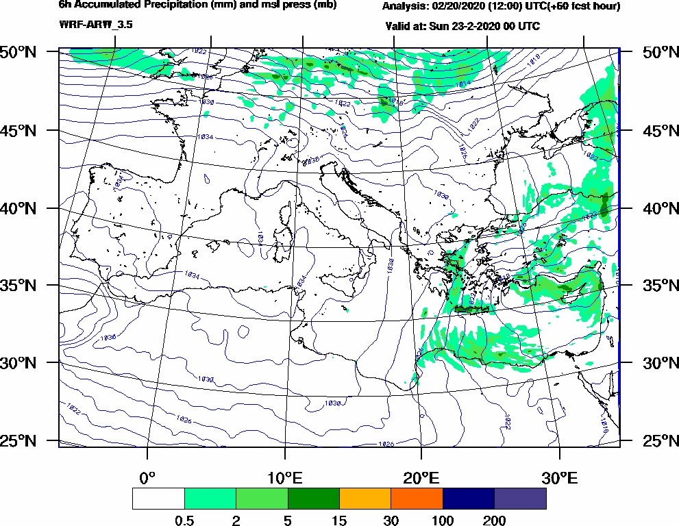 6h Accumulated Precipitation (mm) and msl press (mb) - 2020-02-22 18:00