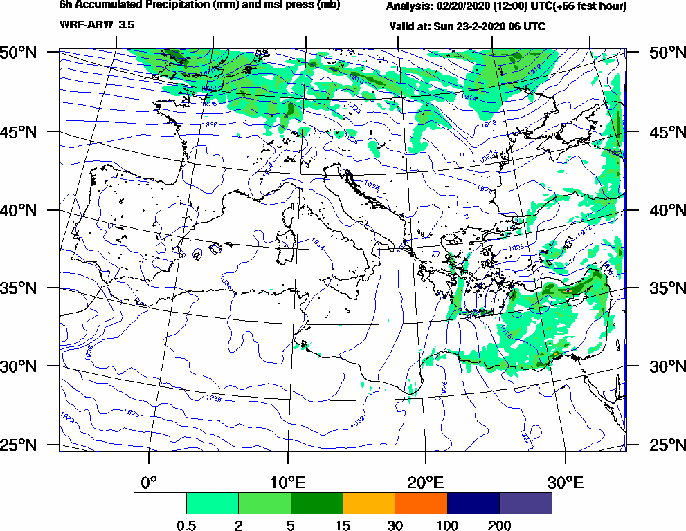 6h Accumulated Precipitation (mm) and msl press (mb) - 2020-02-23 00:00