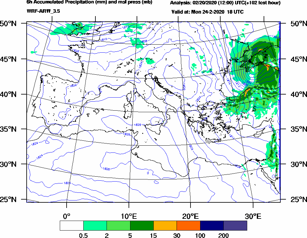 6h Accumulated Precipitation (mm) and msl press (mb) - 2020-02-24 12:00