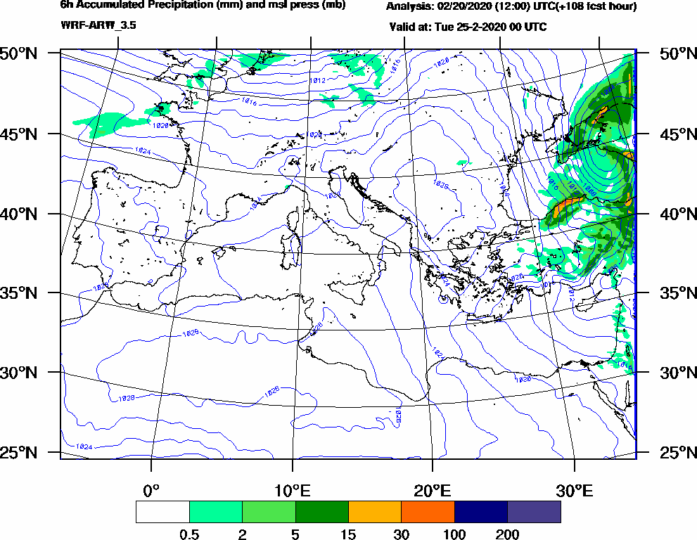 6h Accumulated Precipitation (mm) and msl press (mb) - 2020-02-24 18:00