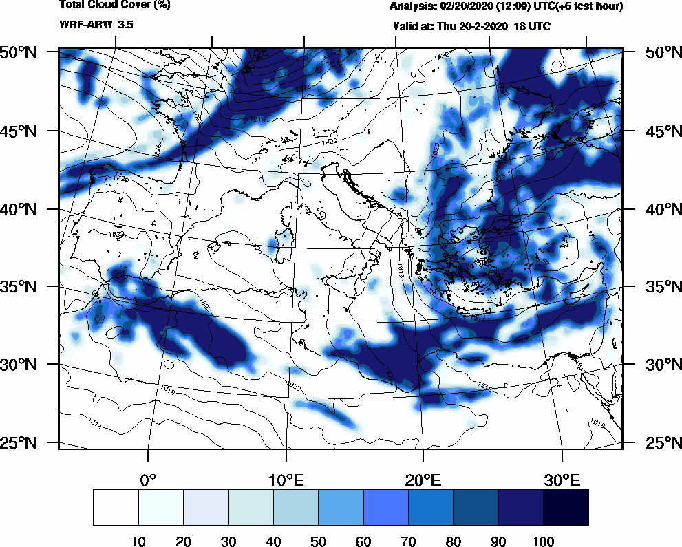Total cloud cover (%) - 2020-02-20 12:00
