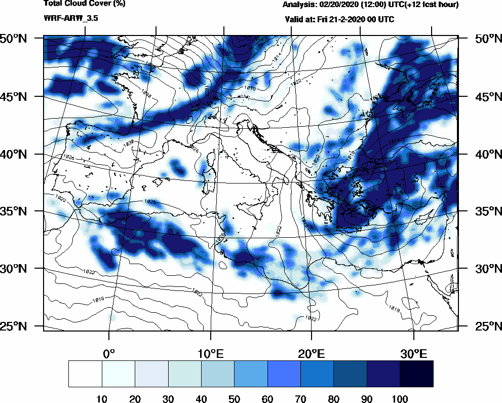Total cloud cover (%) - 2020-02-20 18:00