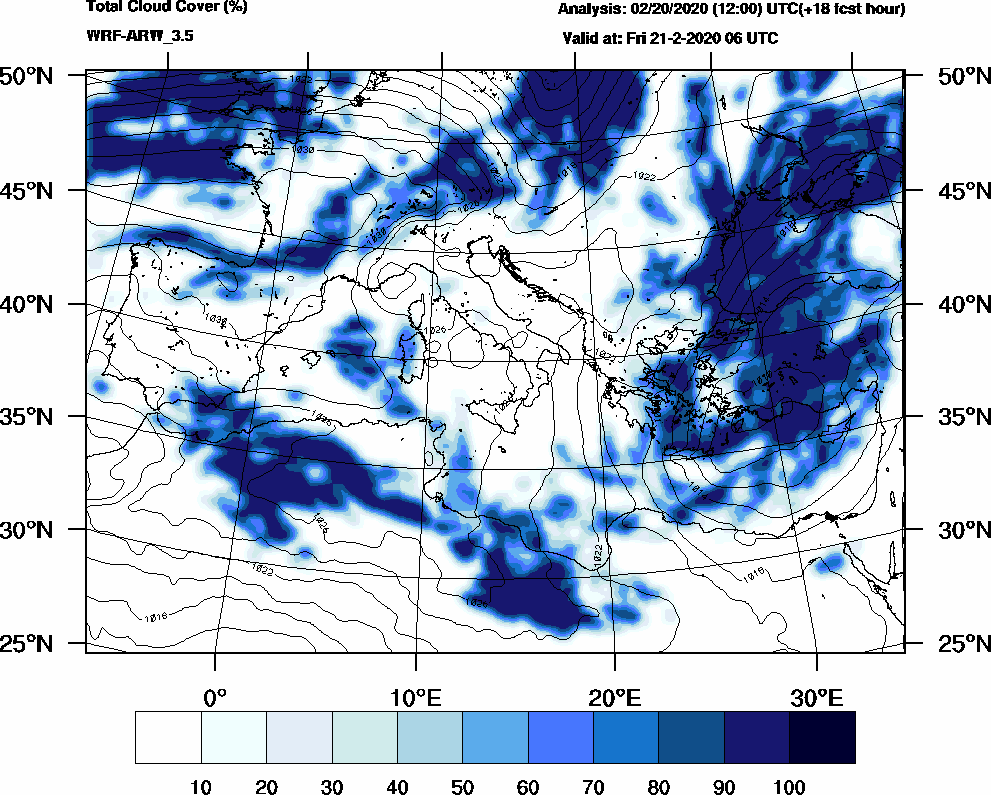 Total cloud cover (%) - 2020-02-21 00:00