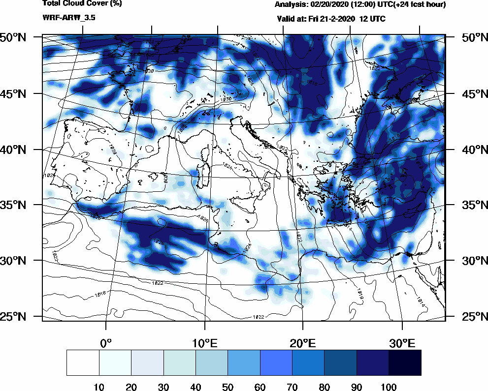 Total cloud cover (%) - 2020-02-21 06:00