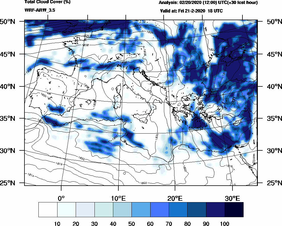 Total cloud cover (%) - 2020-02-21 12:00