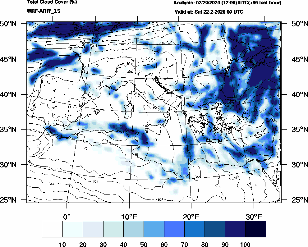 Total cloud cover (%) - 2020-02-21 18:00