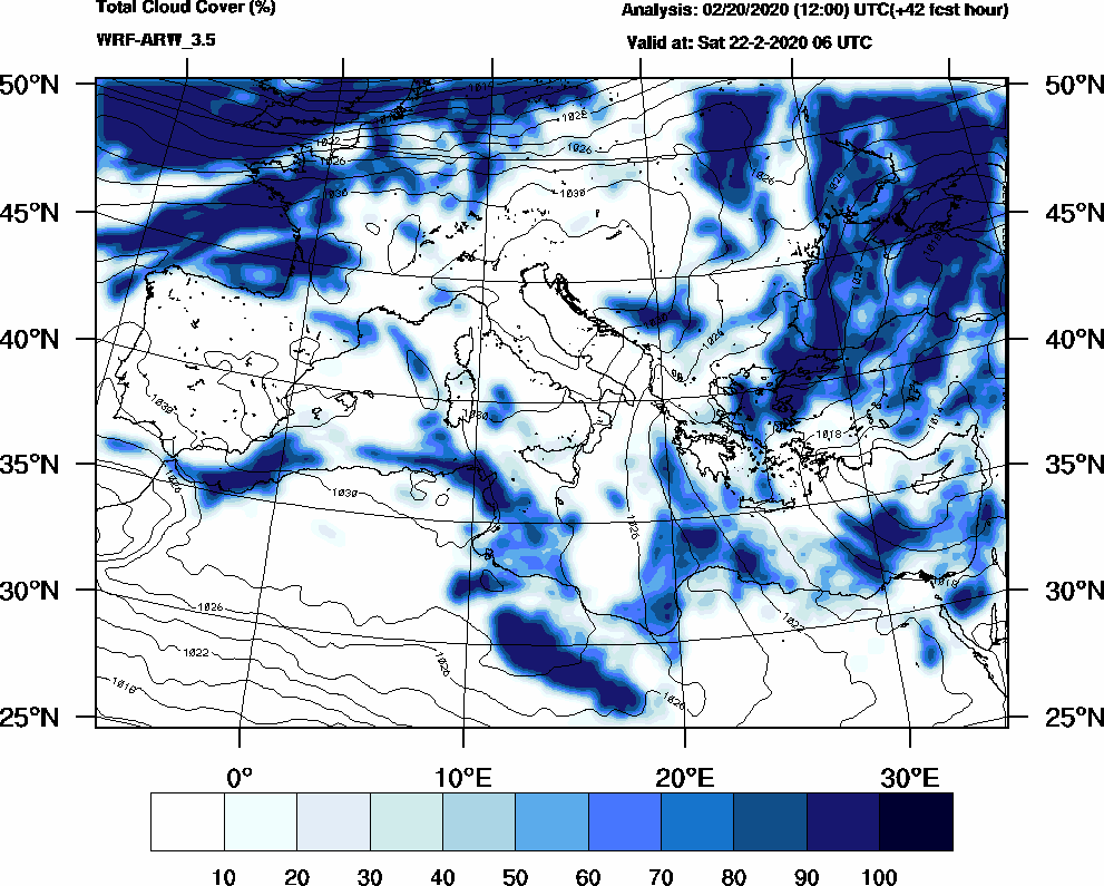 Total cloud cover (%) - 2020-02-22 00:00