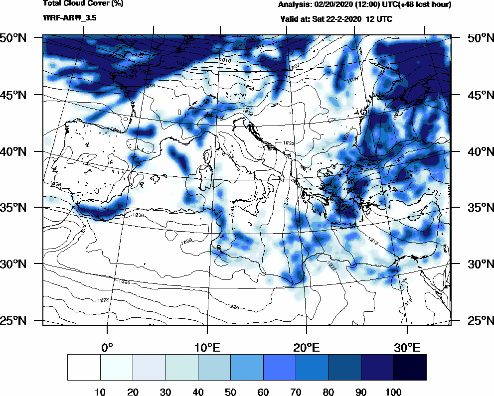 Total cloud cover (%) - 2020-02-22 06:00