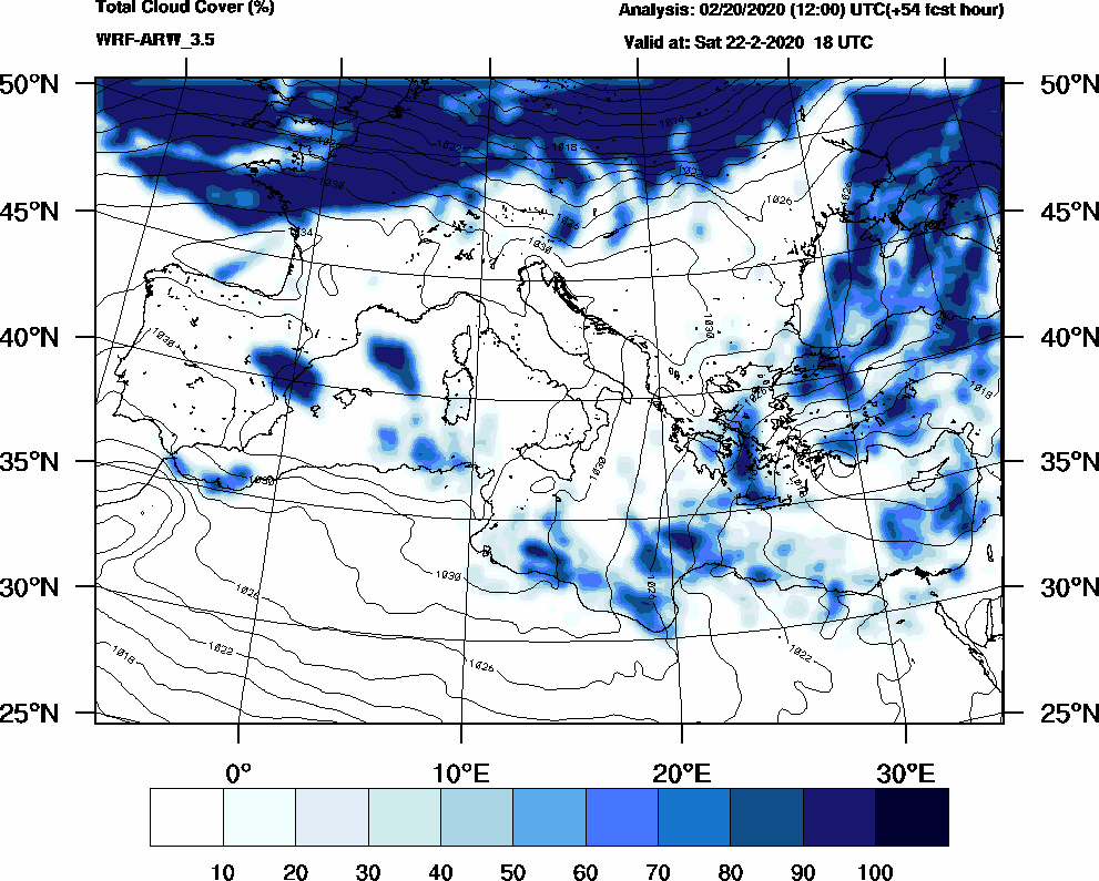 Total cloud cover (%) - 2020-02-22 12:00