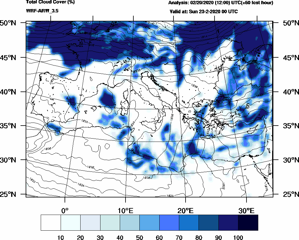 Total cloud cover (%) - 2020-02-22 18:00