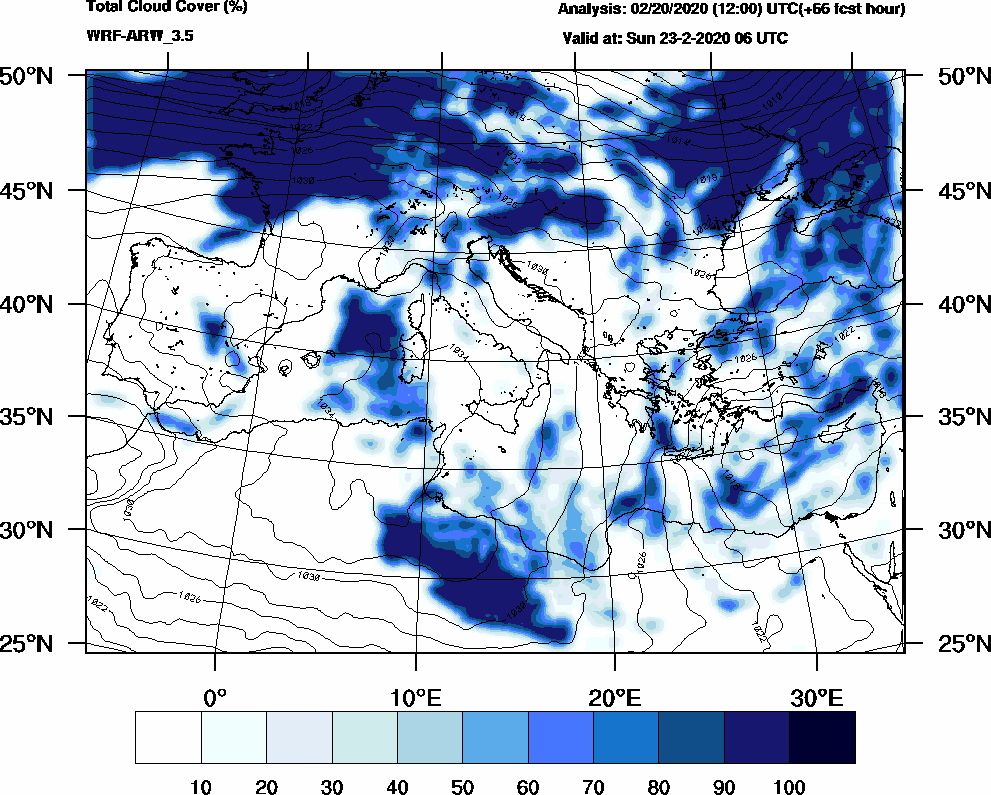 Total cloud cover (%) - 2020-02-23 00:00