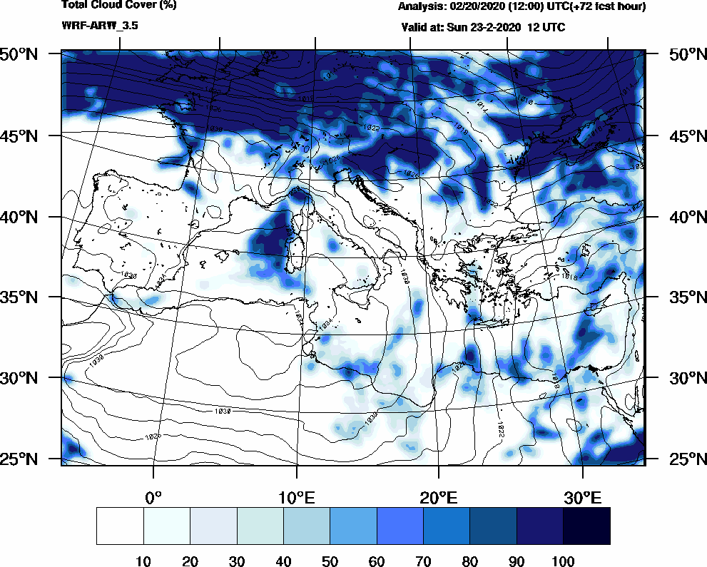 Total cloud cover (%) - 2020-02-23 06:00