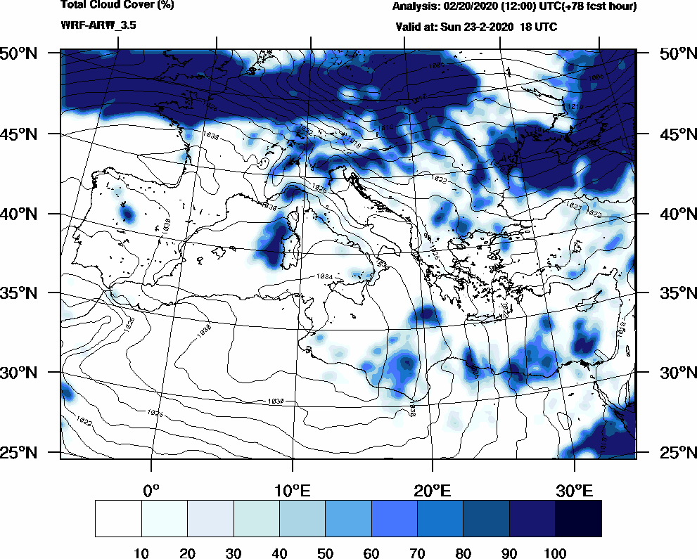 Total cloud cover (%) - 2020-02-23 12:00