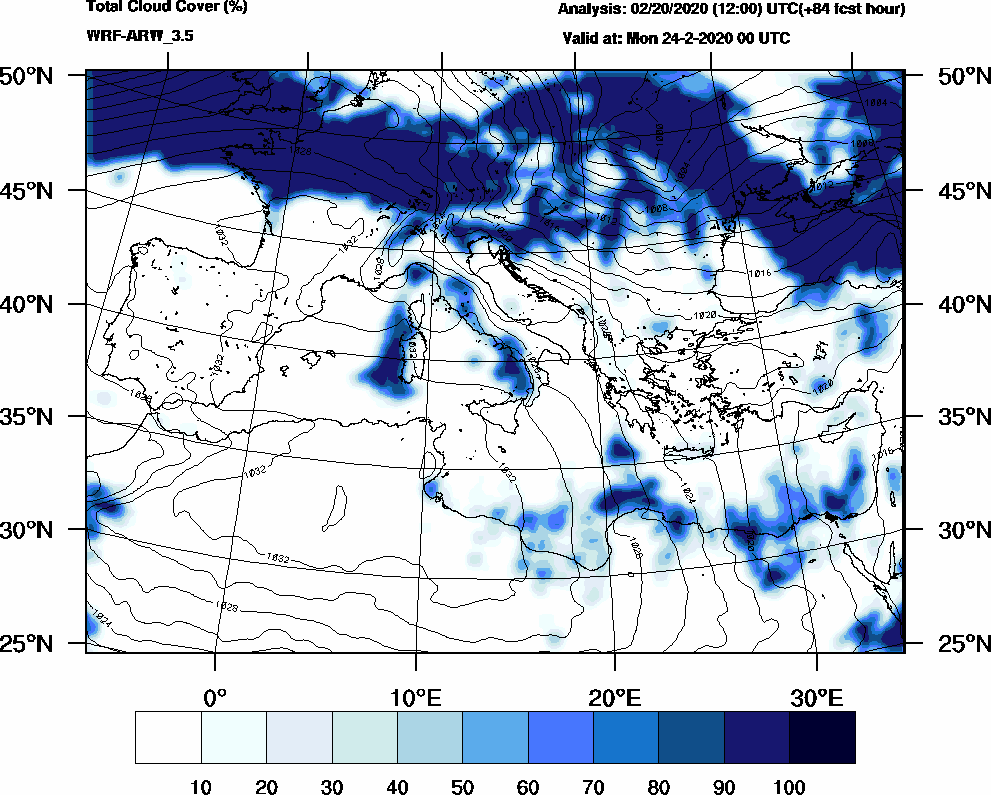 Total cloud cover (%) - 2020-02-23 18:00