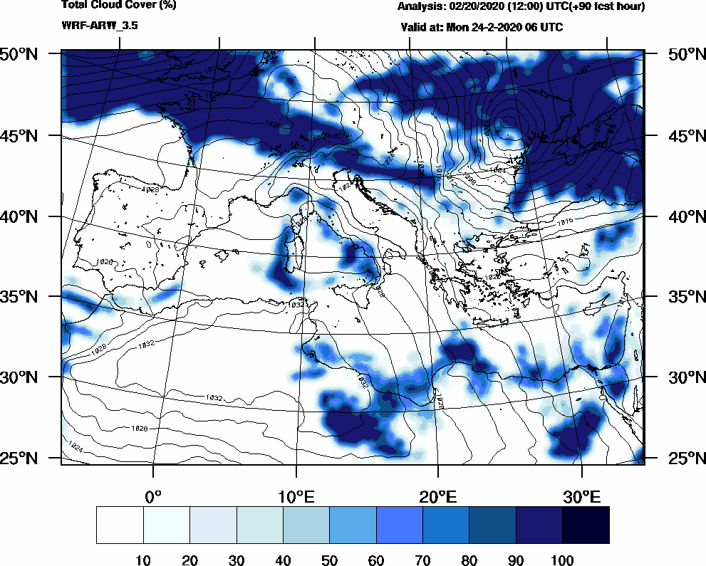 Total cloud cover (%) - 2020-02-24 00:00