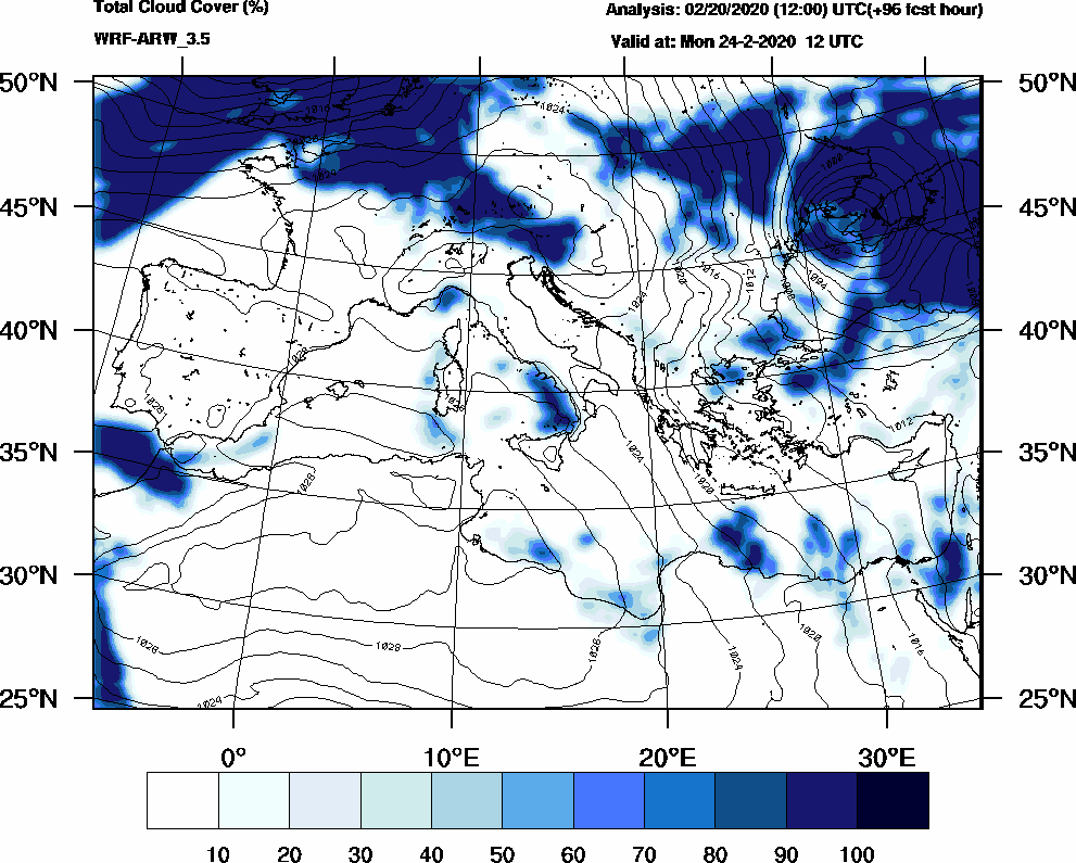 Total cloud cover (%) - 2020-02-24 06:00