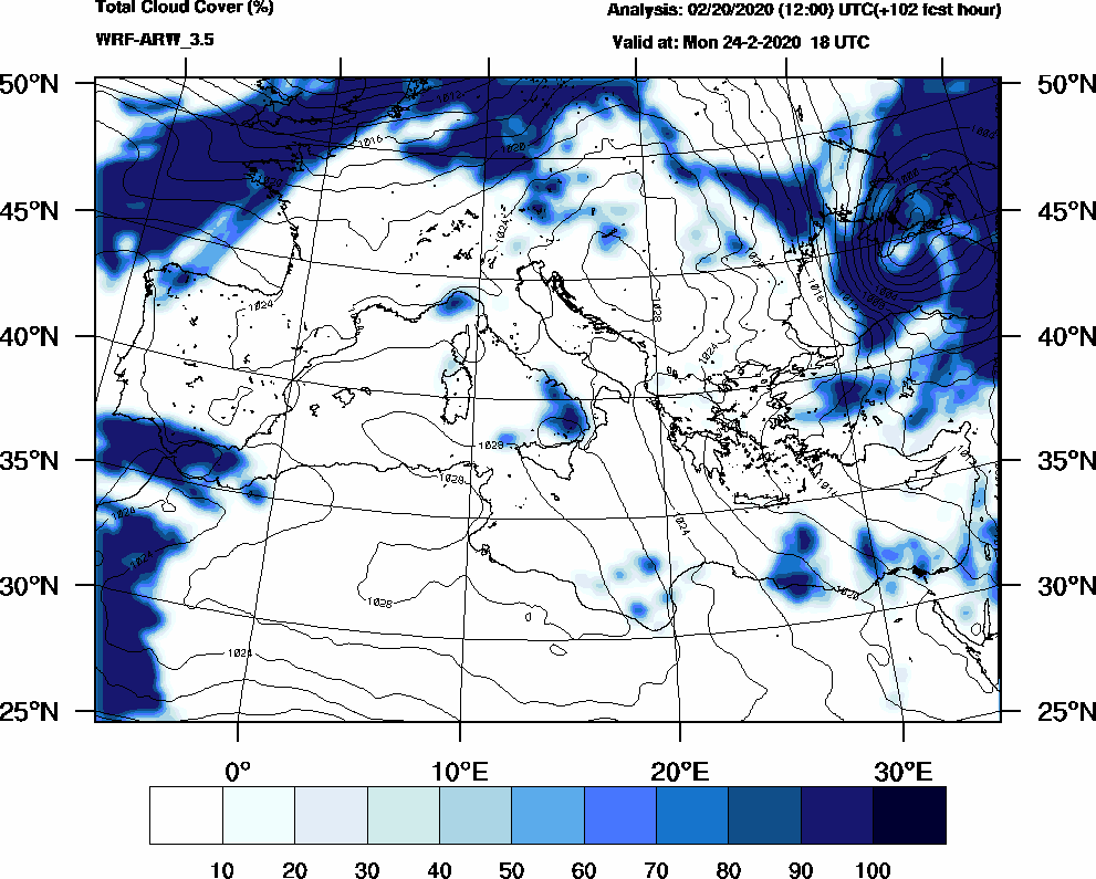 Total cloud cover (%) - 2020-02-24 12:00