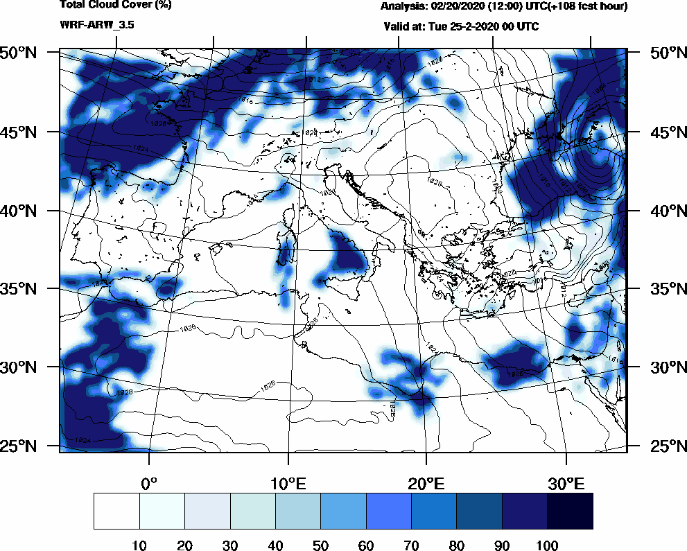 Total cloud cover (%) - 2020-02-24 18:00