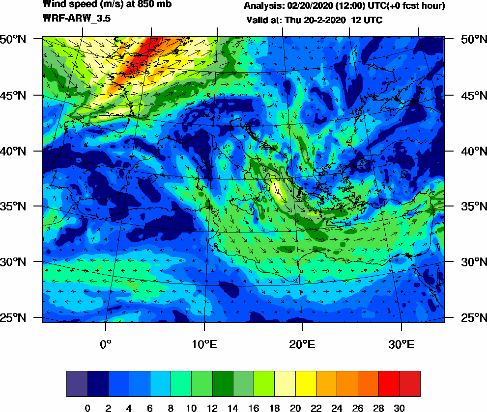 Wind speed (m/s) at 850 mb - 2020-02-20 12:00