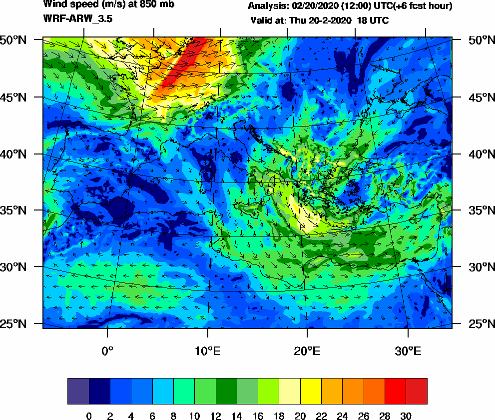 Wind speed (m/s) at 850 mb - 2020-02-20 18:00