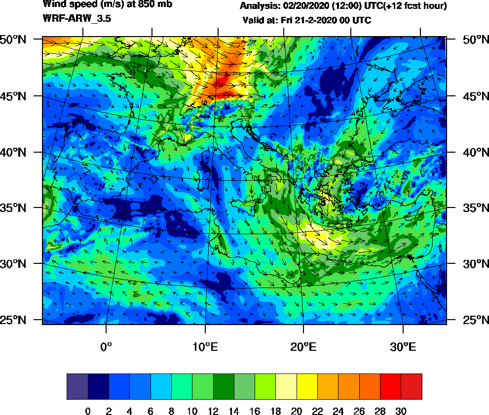 Wind speed (m/s) at 850 mb - 2020-02-21 00:00