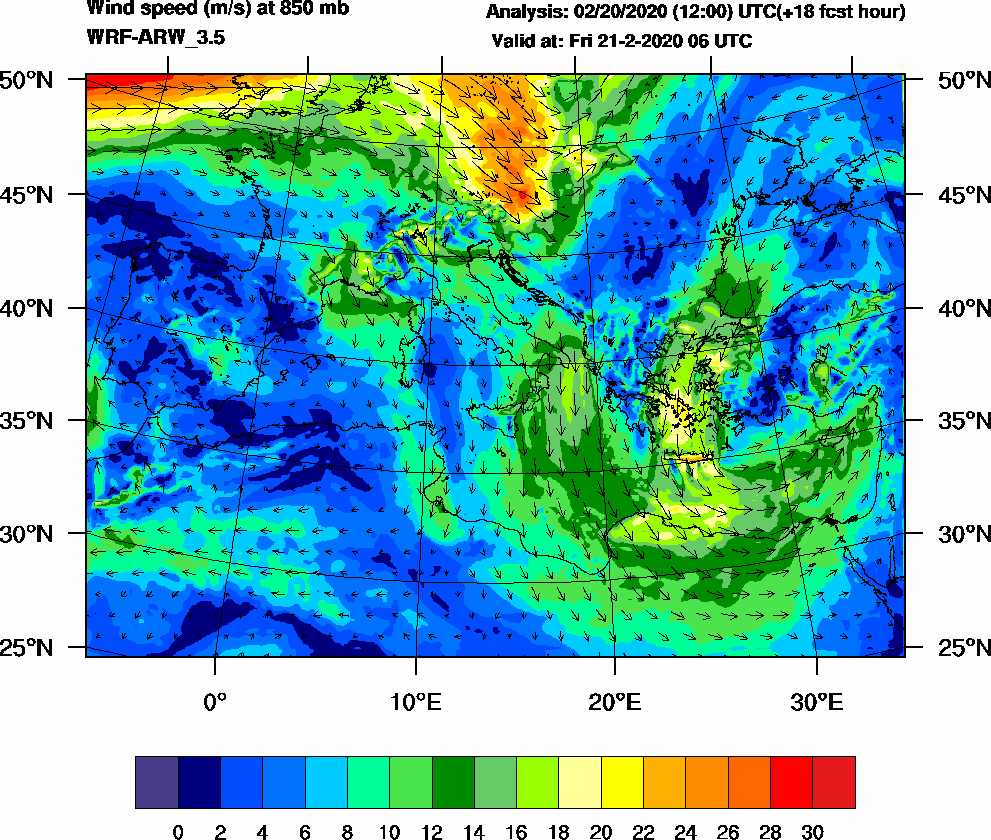 Wind speed (m/s) at 850 mb - 2020-02-21 06:00