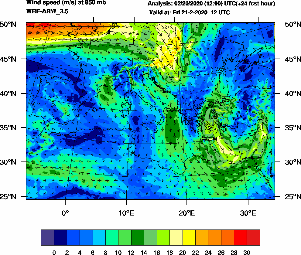 Wind speed (m/s) at 850 mb - 2020-02-21 12:00