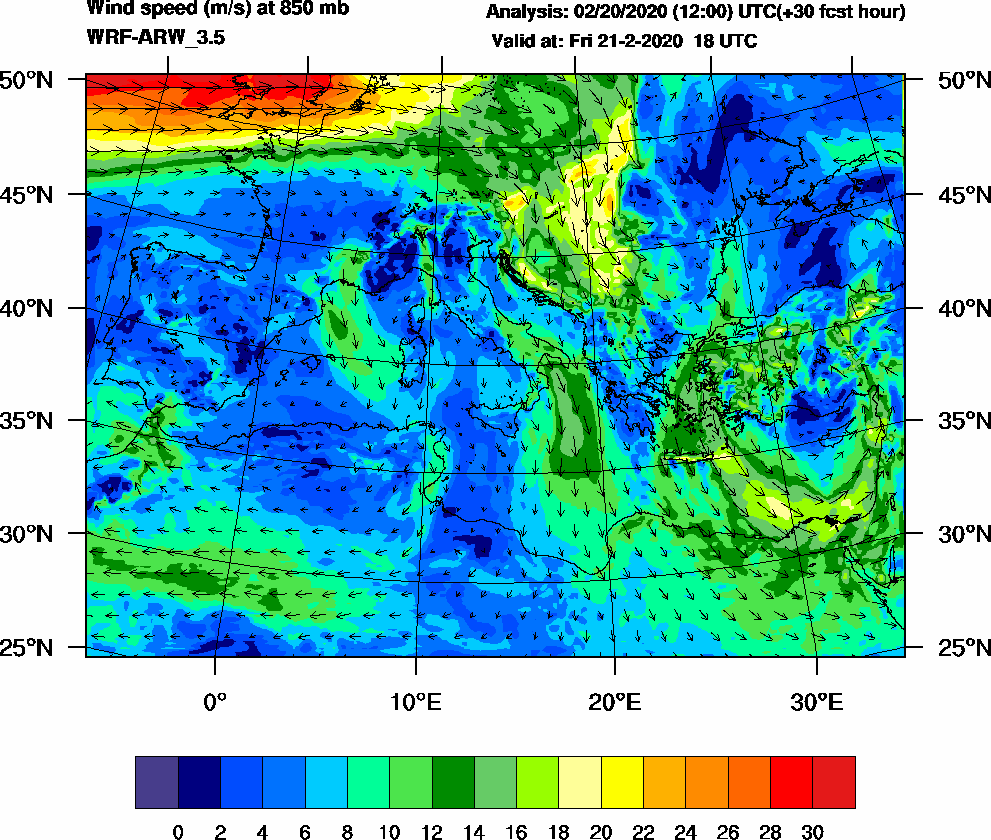 Wind speed (m/s) at 850 mb - 2020-02-21 18:00