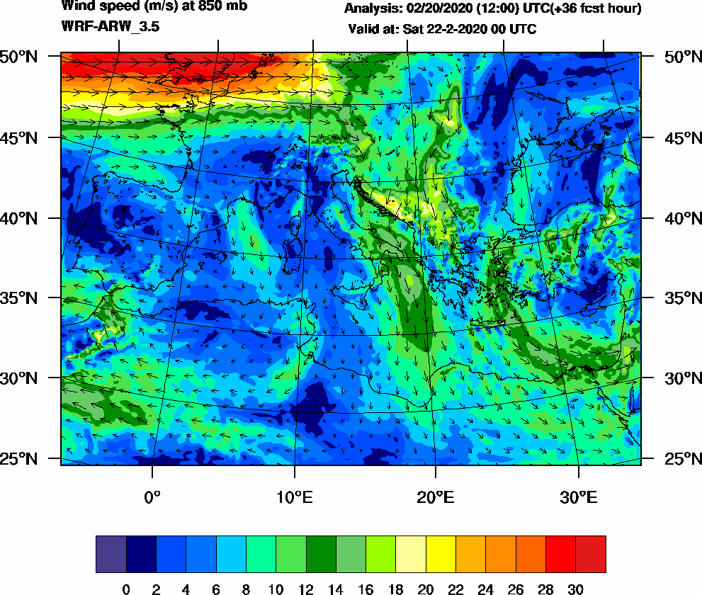 Wind speed (m/s) at 850 mb - 2020-02-22 00:00